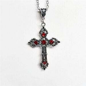 Elegant Silver Accent and Red Cross Pendant Necklace
